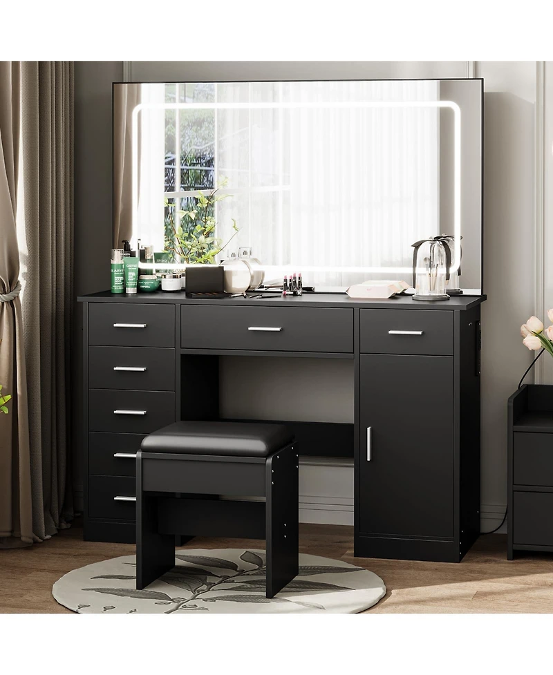 Homfan Makeup Vanity Desk with Large Dimmable Mirror, 7 Drawers and Chair, 3 Lighting Modes, Built-in Charging Station, Hair Dryer Holder