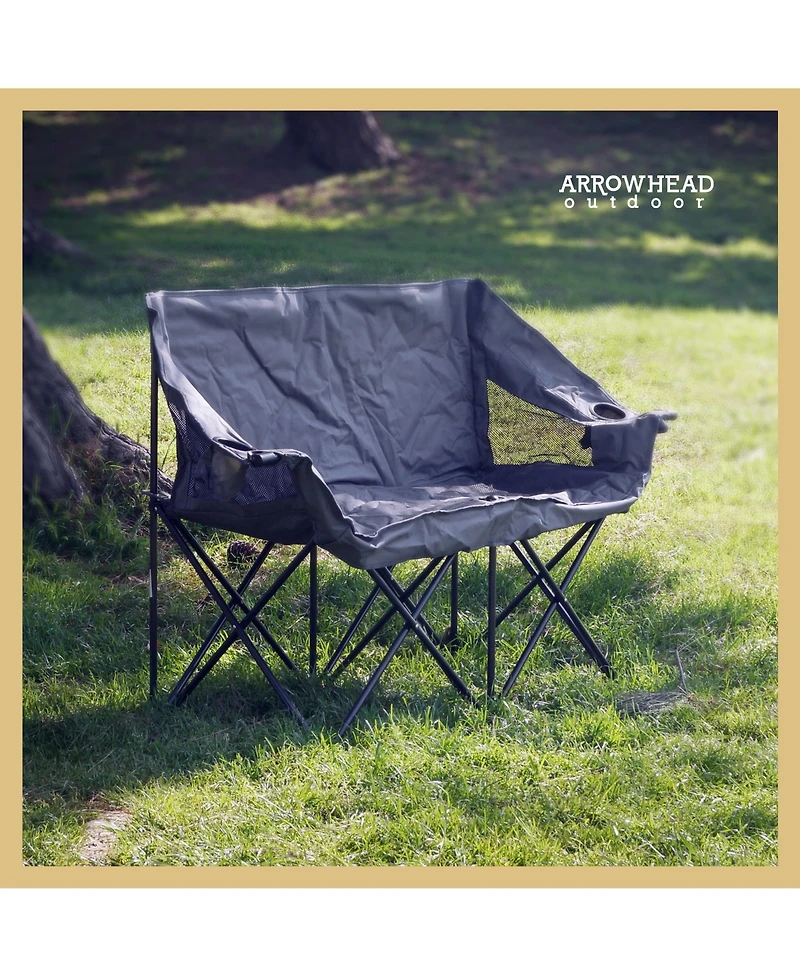 Arrowhead Outdoor Portable Folding Double Duo Camping Chair Loveseat Couch w/ 2 Cup and Wine Glass Holders, Supports 650 lbs