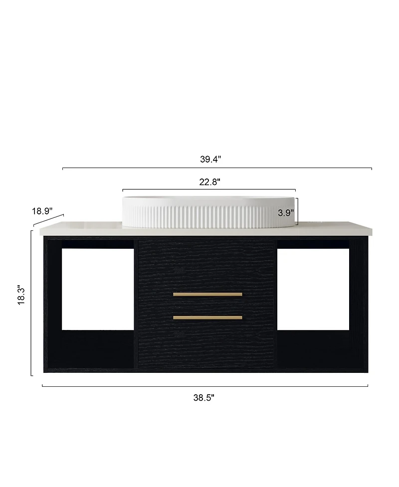 Busdays 39.4 Inch Wall Mounted Modern Bathroom Vanity with Oval Ceramic Sink Floating Multi Layer Wood Cabinet Soft Close Drawers Open Shelf Storage