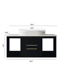 Busdays 39.4 Inch Wall Mounted Modern Bathroom Vanity with Oval Ceramic Sink Floating Multi Layer Wood Cabinet Soft Close Drawers Open Shelf Storage