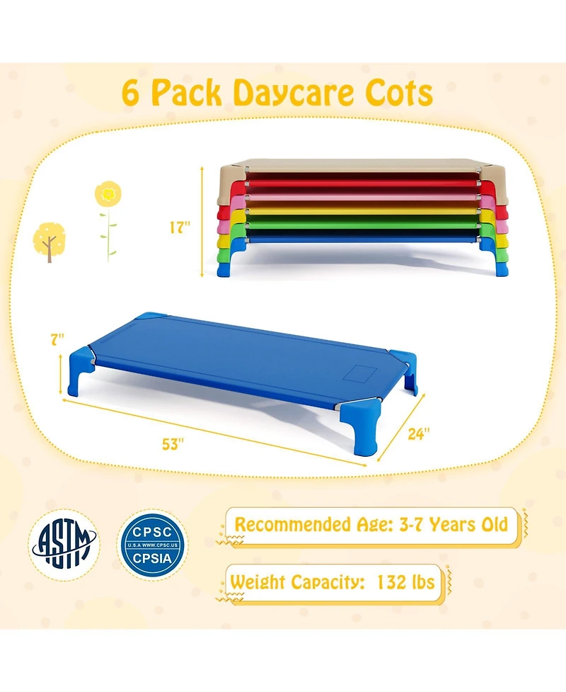 Gouun 6-Pack Stackable Kids Daycare Sleeping Cots, 53 in Portable Nap Beds