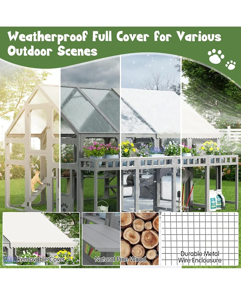 6thdruple Multi-Level Cat House with Planter Stand, Bridge, Waterproof Roof for Outdoor Use