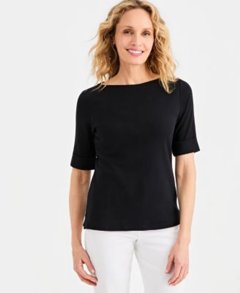 Style Co Womens Boat Neck Elbow Sleeve Cotton Top Pxs 4x Exclusively At Macys