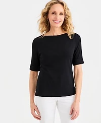 Style Co Womens Boat Neck Elbow Sleeve Cotton Top Pxs 4x Exclusively At Macys