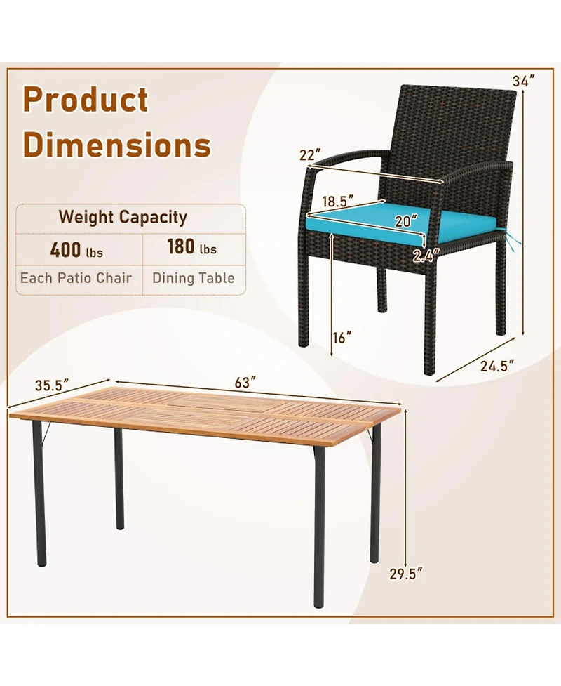 Gouun 7-Piece Outdoor Dining Set with Acacia Wood Table, Pe Rattan Chairs and Cushions