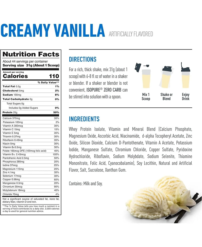 Isopure Zero Carb Pure Whey Isolate Protein Powder, Lactose Free, Gluten Free, Vitamins, Creamy Vanilla, 25g Protein Per Serving, 44 Servings
