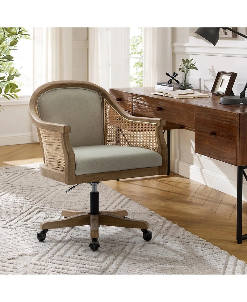Hulala Home Ackeron Farmhouse Rattan Upholstered Office Task Chair with Solid Wood Arms