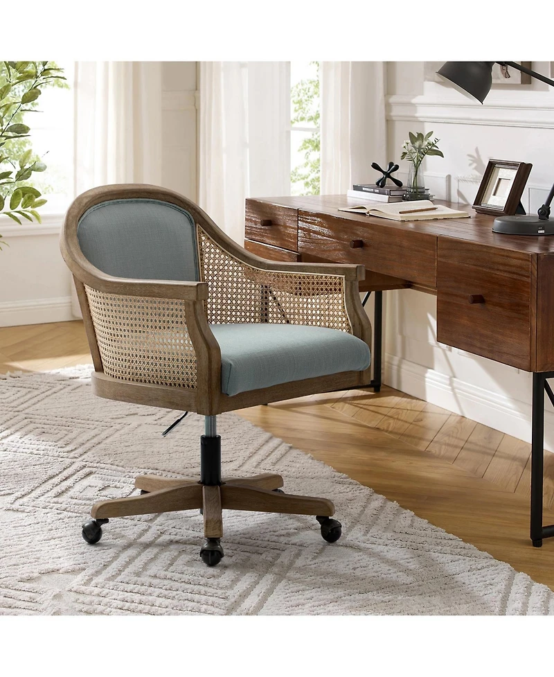 Hulala Home Ackeron Farmhouse Rattan Upholstered Office Task Chair with Solid Wood Arms