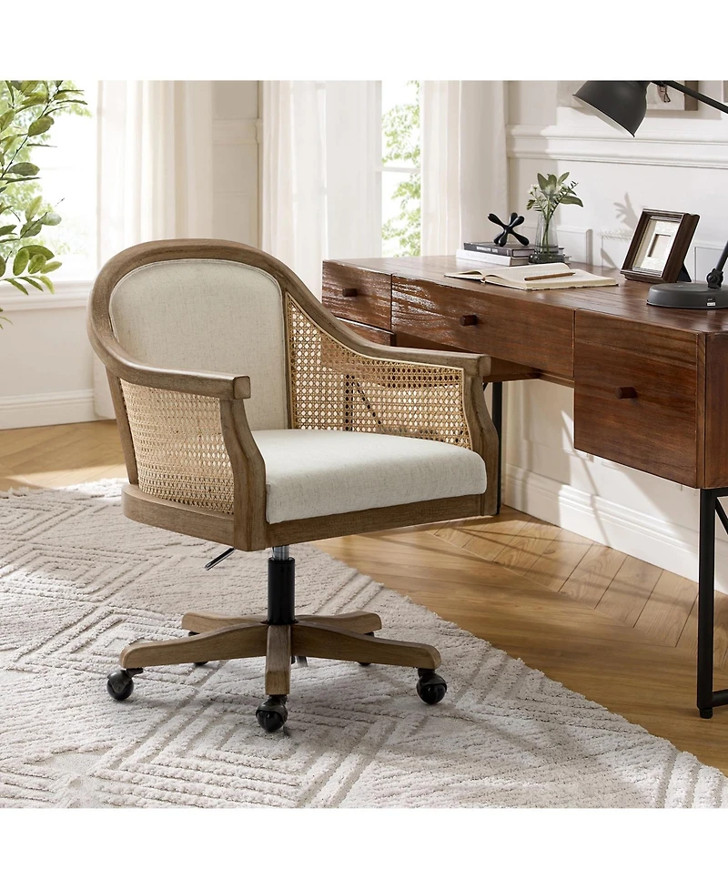 Hulala Home Ackeron Farmhouse Rattan Upholstered Office Task Chair with Solid Wood Arms