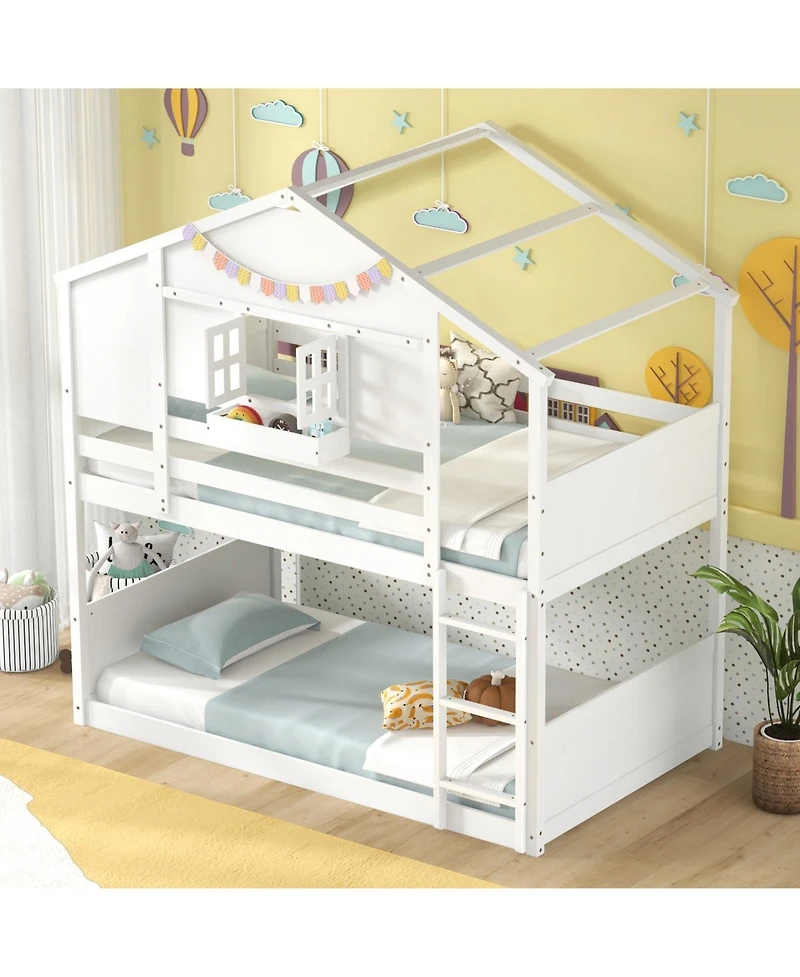 Gouun Twin Over Twin House-Shaped Bunk Bed with Roof, Lockable Window and Storage