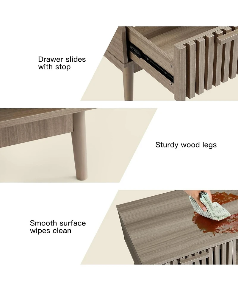 gaomon 39.4" Mid Century Modern Coffee Table with Storage, 2-Tier Fluted Rectangle Center Table with Drawer, Open Shelf and Wood Legs for Living Room