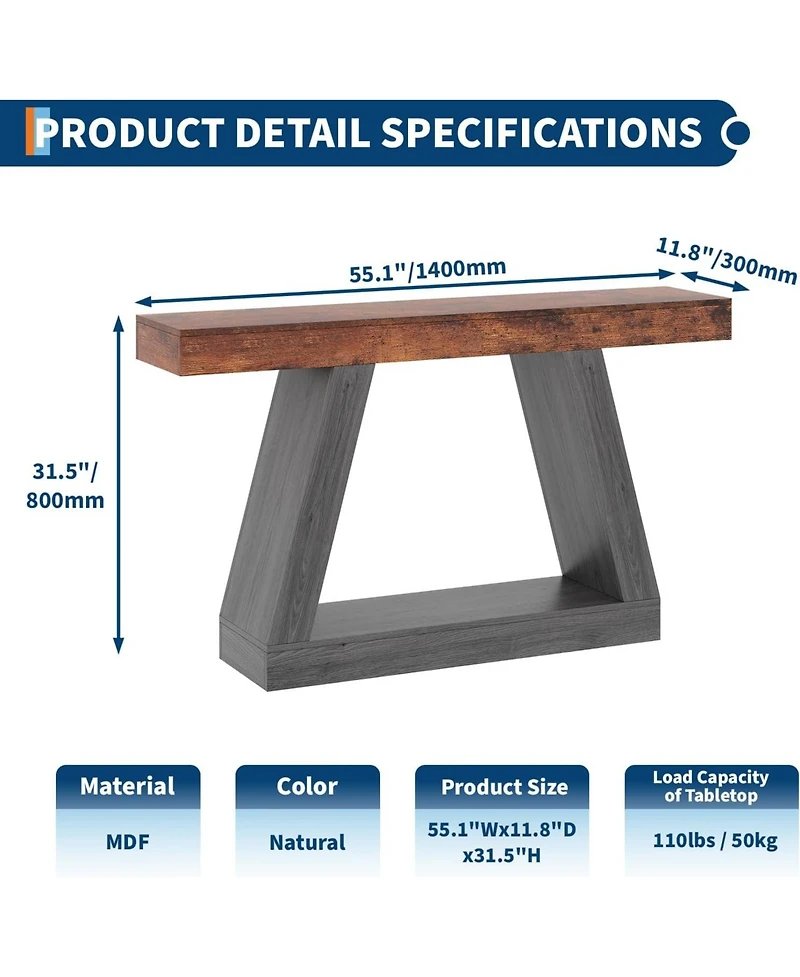 gaomon Farmhouse Console Table with Trapezium Design - 55" Wooden Sofa Table with Open Storage Shelf