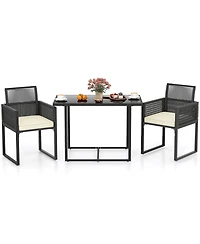 Gouun 3-Piece Outdoor Wicker Dining Set with Tempered Glass Table and Chairs
