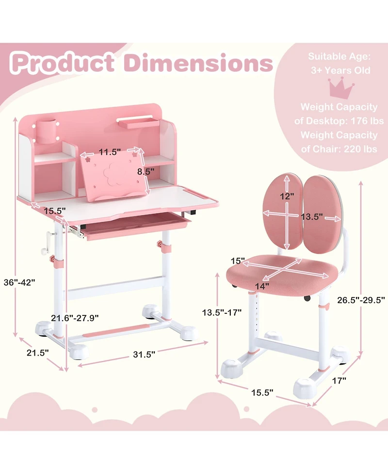 Gouun Kids Height-Adjustable Study Desk and Chair with Tilt Desktop and Pen Holder