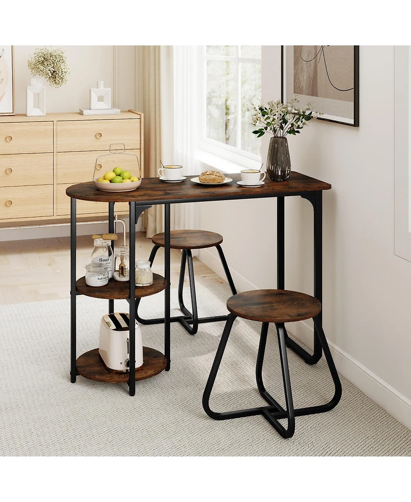 Gouun 3-Piece Industrial Dining Set with Side Shelves and 2 Stools