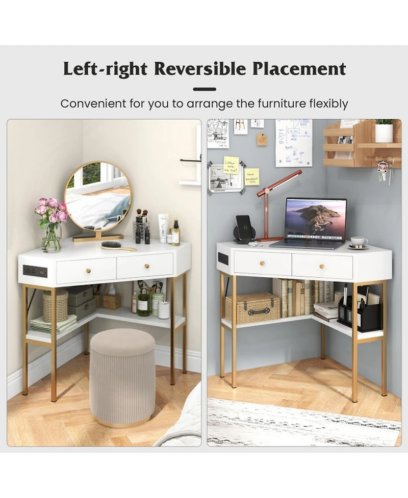 Gouun Triangular Corner Desk with Charging Station, 2 Drawers and Bottom Storage Shelf