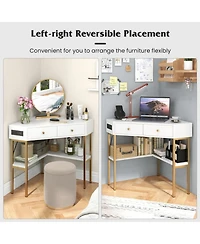 Gouun Triangular Corner Desk with Charging Station, 2 Drawers and Bottom Storage Shelf