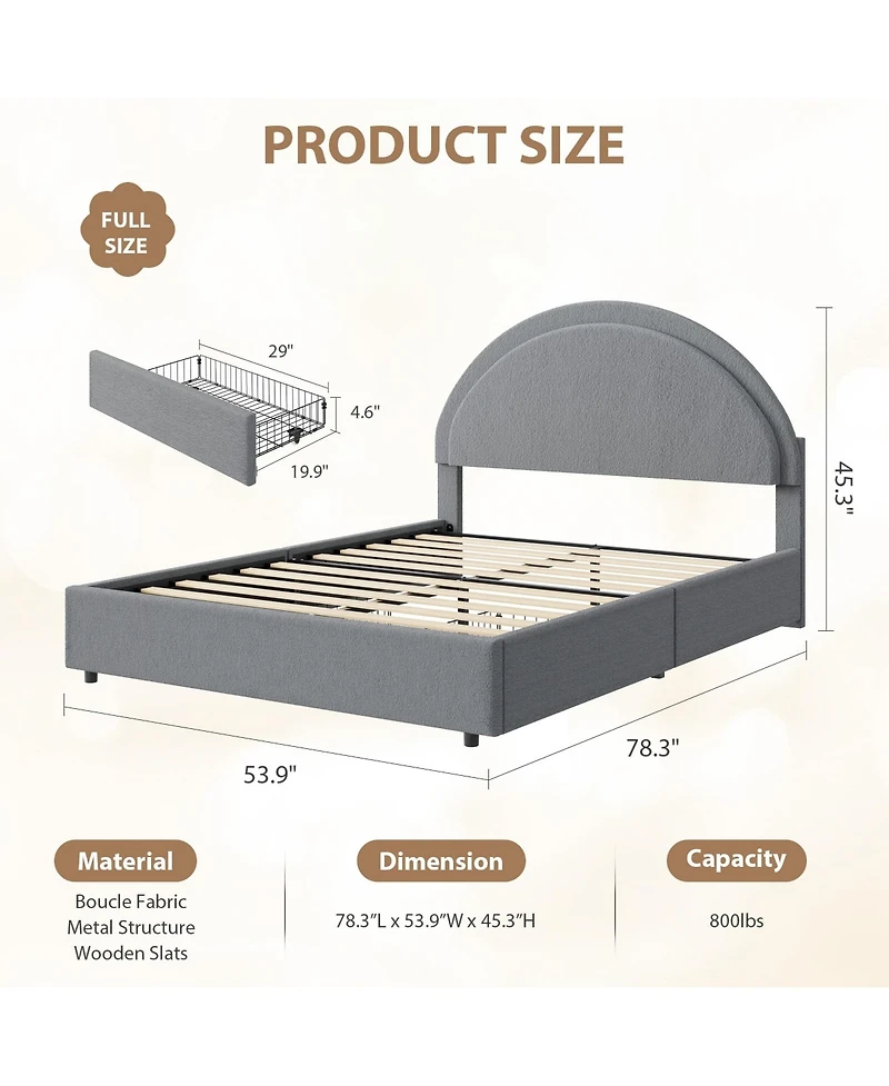 Homfan Full Boucle Upholstered Bed Frame with 2 Storage Drawers and Round Headboard, No Box Spring Needed