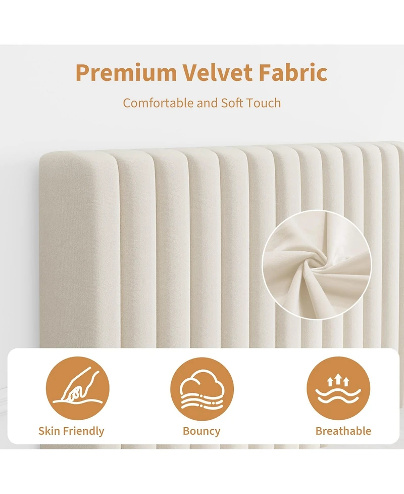 Homfan Velvet Bed Frame, Vertical Channel Tufted Headboard, Height Adjustable, Upholstered Platform Bed, No Box Spring Needed