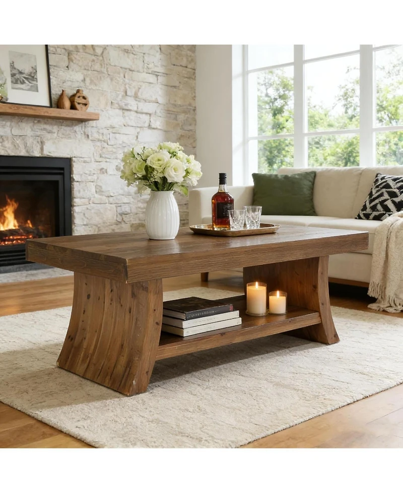 Tribesigns Farmhouse Coffee Table with Storage Shelf, 47.2" Mid Century Modern Solid Wood Coffee Tables with Curved Base