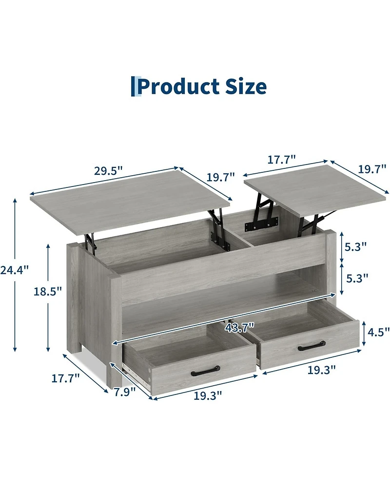 gaomon 47.2'' Lift-Top Coffee Table with Storage, Wooden Lift Tabletop, 2 Drawers & Hidden Compartment