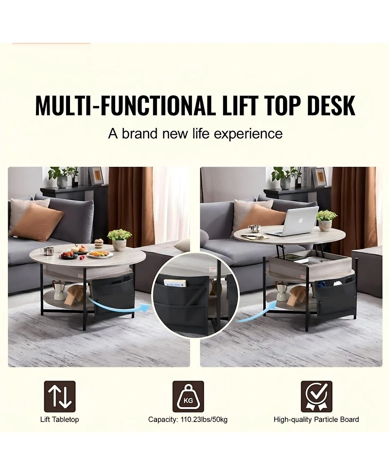Gouun 35-Inch Round Lift Top Coffee Table with Gas Spring and Storage