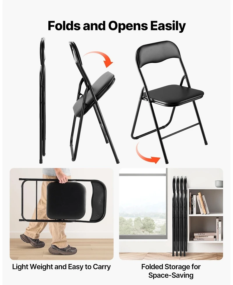 Gouun Padded Folding Chairs Pack of 4 with Faux Leather Cushion and Metal Frame, 350 lb Each