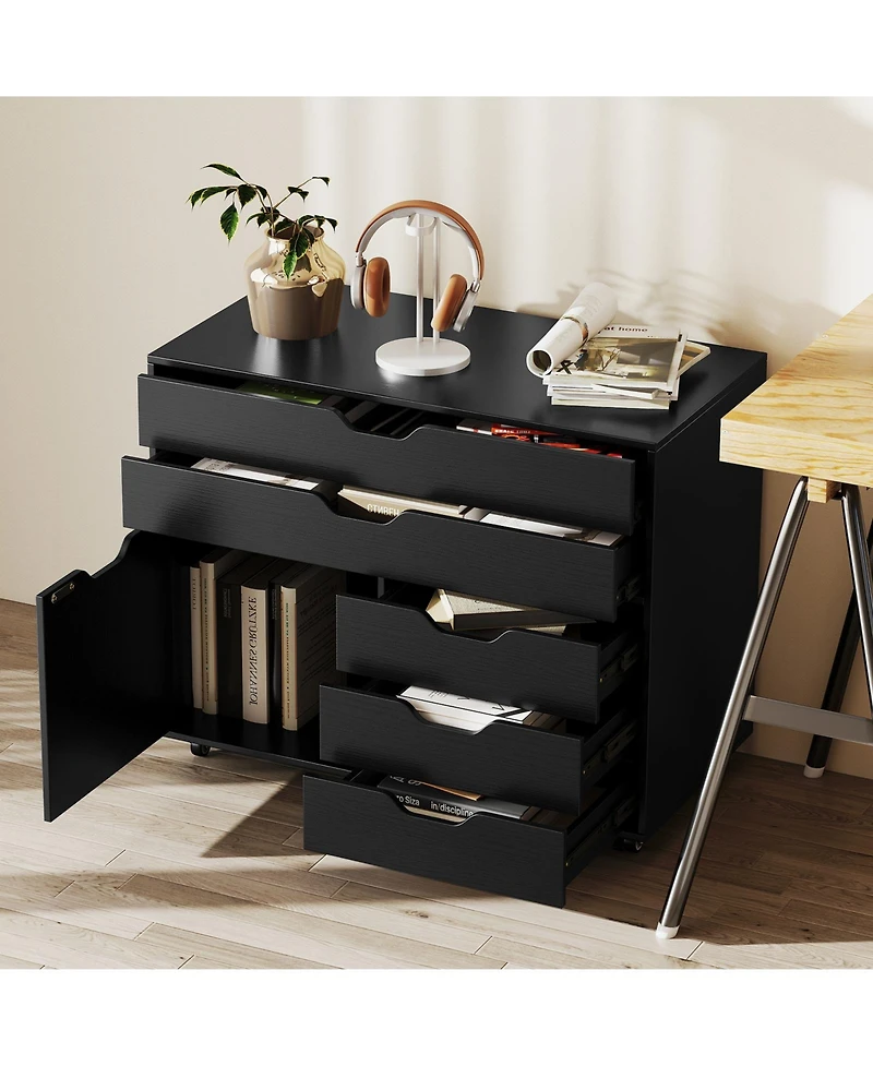 Gouun 5-Drawer Mobile Storage Chest with Cabinet Door, 30.5 in L x 16 in W x 25 in H