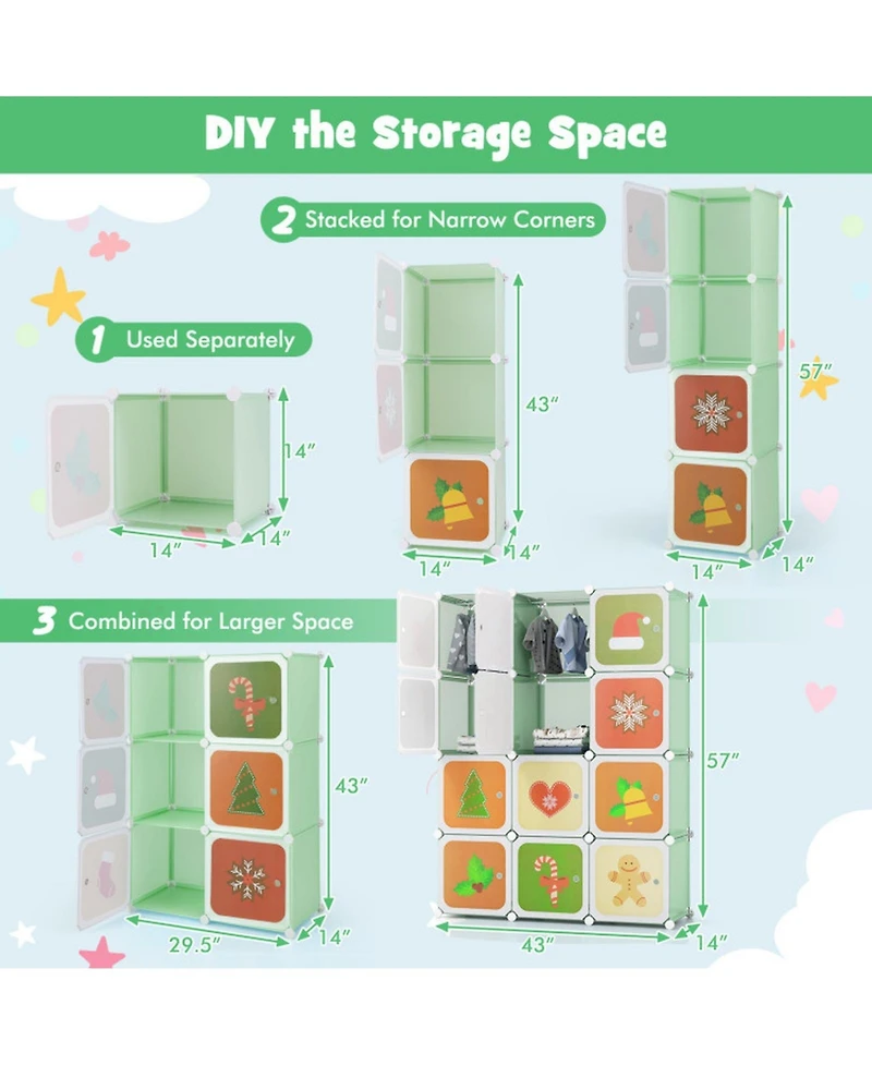 Gouun 12-Cube Modular Kids Wardrobe with Hanging Section and Cartoon Doors
