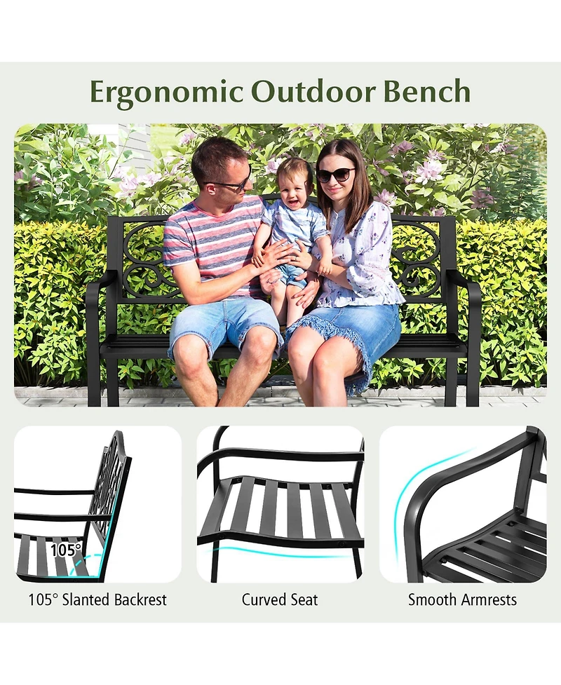 Sugift 50 in Outdoor Garden Bench with Floral Backrest and Slatted Seat