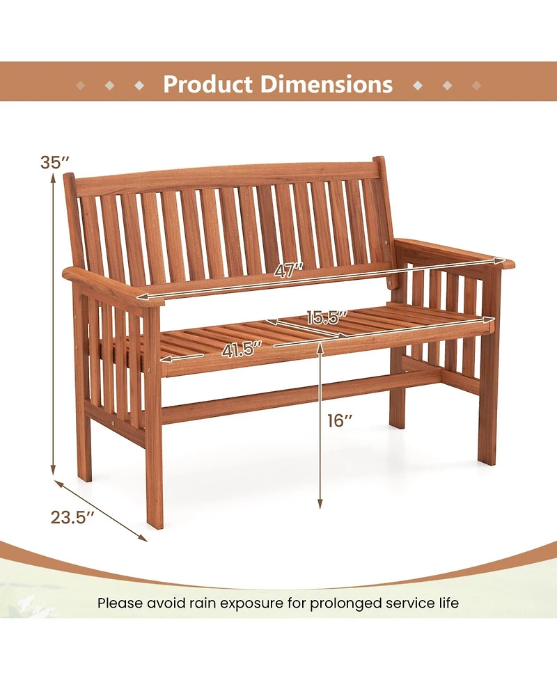Sugift Outdoor Wood Garden Bench for Two with Backrest and Armrests