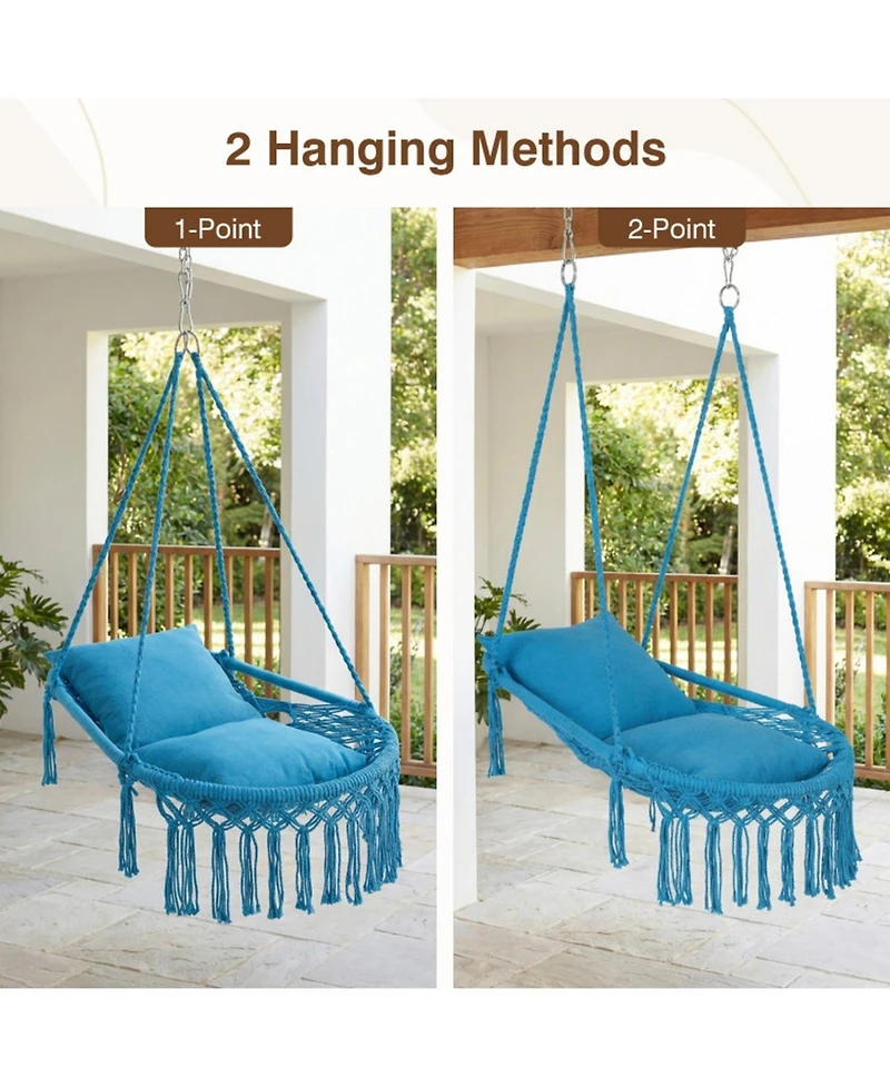 Gouun Macrame Hanging Hammock Swing Chair with 2 Removable Cushions and Metal Spreader Bar