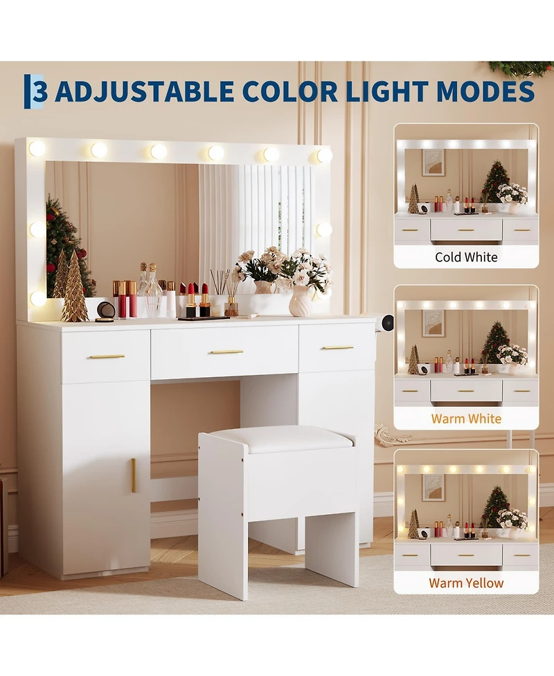 Homfan Vanity Desk with Mirror and Lights, Large Makeup Vanity Table with Power Outlet and Stool, Vanity Dressing Table for Bedroom Dressing Room