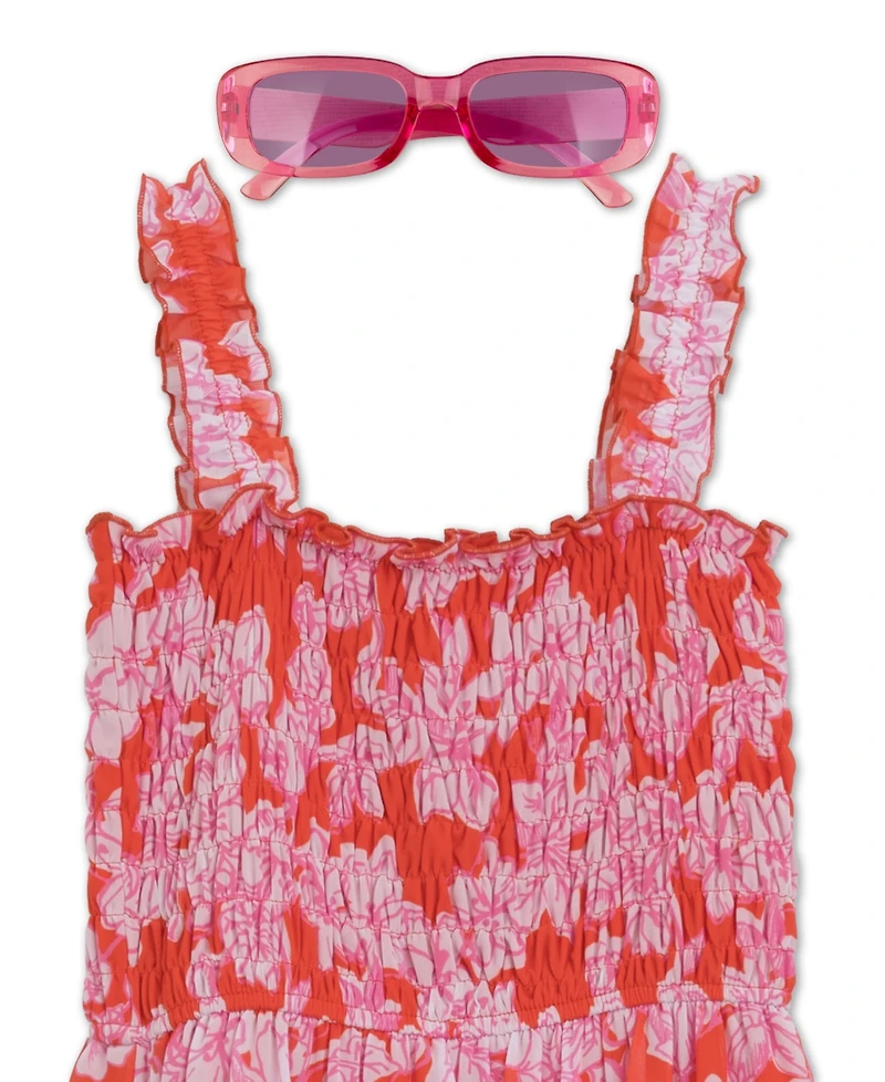 Speechless Girls' 8-16 Maxi Smocked Bodice Tier Dress with Sunglass