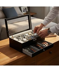 Yigii 12 Slot Watch Box Display Organizer Leather Automatic Led Light Battery Operated Gift