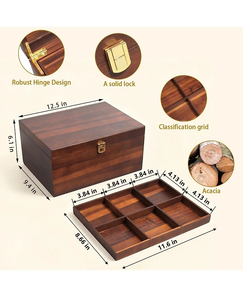 Yigii Large Wooden Storage Box with Adjustable Tray Removable Divider Keepsake Organizer for Trinkets Photos Gifts