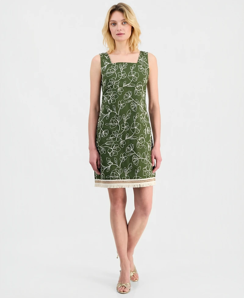 Tahari Asl Women's Embroidered Cotton Fringe-Hem Dress