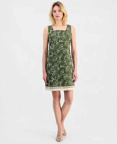 Tahari Asl Women's Embroidered Cotton Fringe-Hem Dress