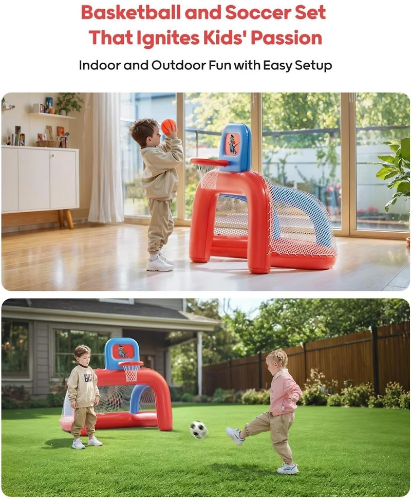 Qpau 2-in-1 Inflatable Toddler Basketball Hoop and Soccer Goal Set, Indoor Outdoor Sports Center Toys