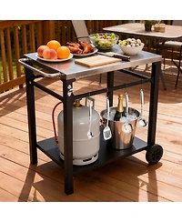 Flynama 2-Tier Outdoor Grill Cart with Stainless Steel Top and Tool Hooks