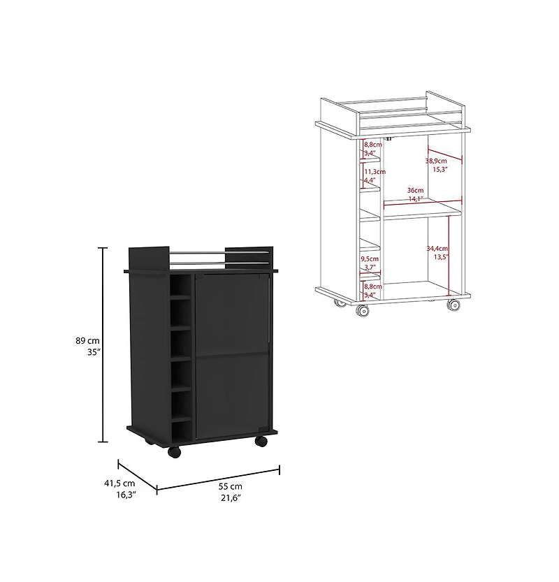 Flynama Wengue 2-Tier Glass Door Bar Cart with 6 Cubbies and Lockable Wheels