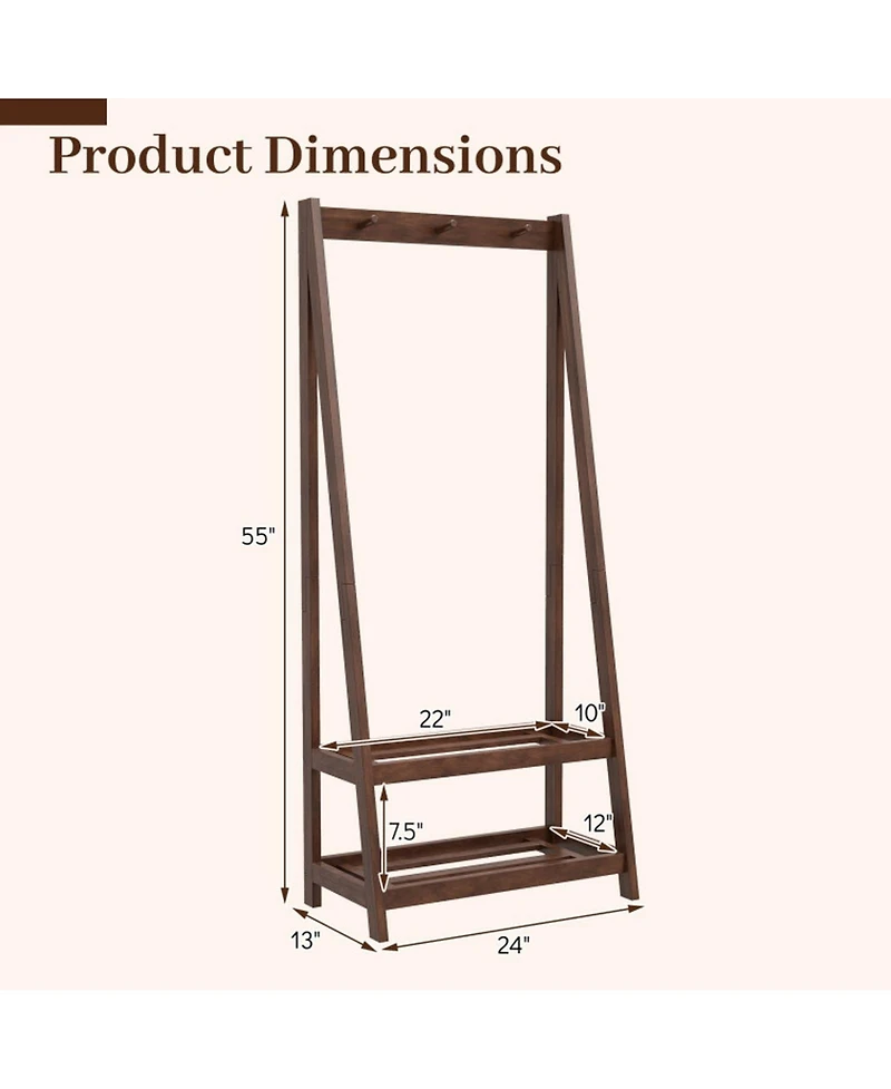 Gouun Freestanding Solid Rubber Wood Coat Rack with 3 Hooks and 2 Shelves