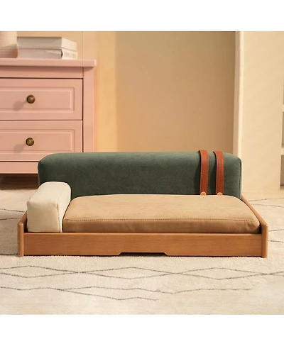 6thdruple Modern Oak Wood Pet Sofa, Chenille Pet Lounge with Removable Cushion, Built-in Toy for Cats