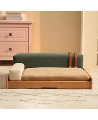 6thdruple Modern Oak Wood Pet Sofa, Chenille Pet Lounge with Removable Cushion, Built-in Toy for Cats