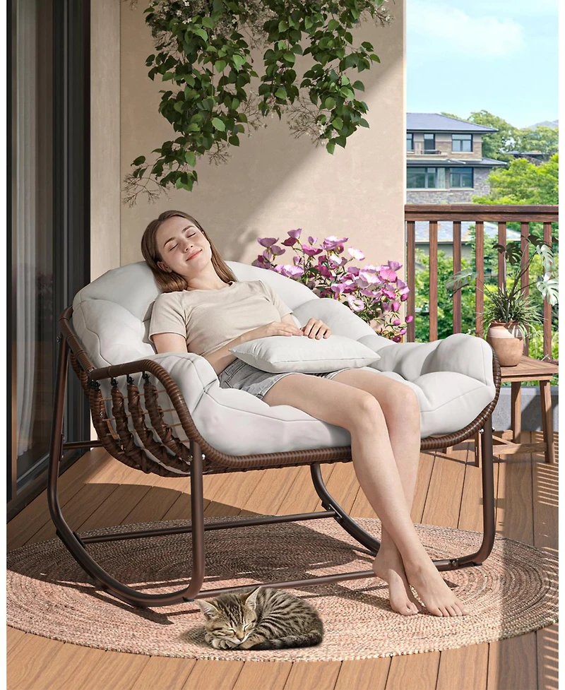 Homfan Rocking Egg Chair with Extra-Thick Cushions, Heavy-Duty 450 lb Capacity Steel Frame and Hand-Woven Pe Wicker for Indoor Outdoor