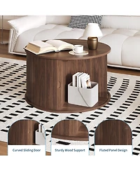 Homfan 28" Round Coffee Table with Storage, Mid Century Modern Fluted Accent Sliding Tambour Door for Living Room