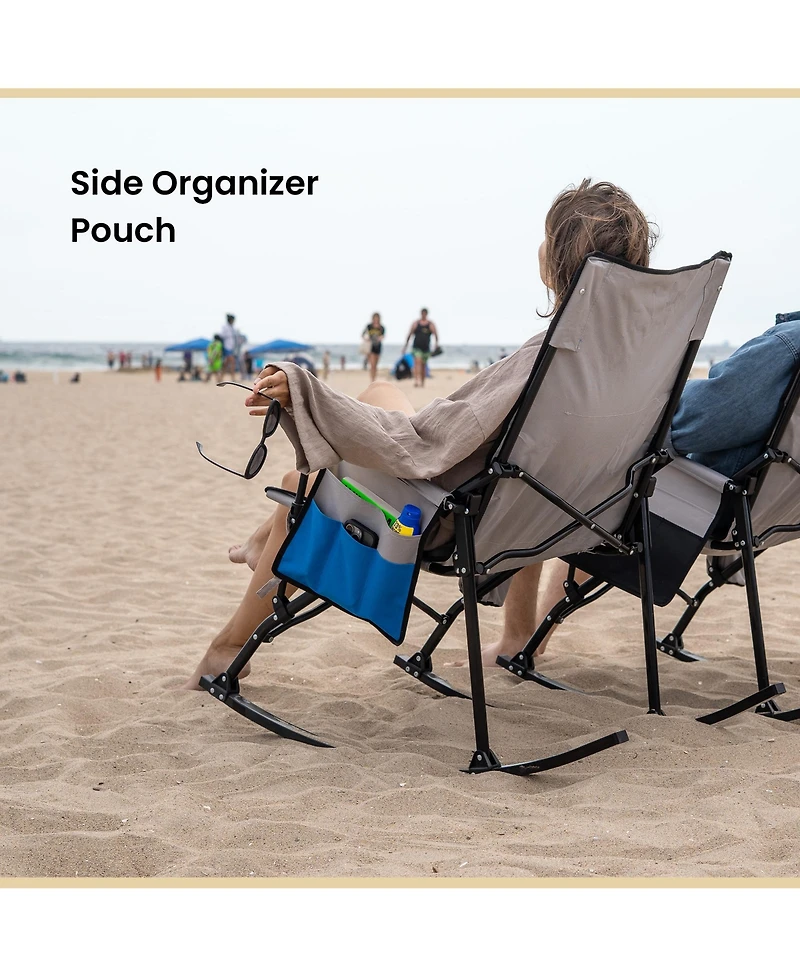 Arrowhead Outdoor 2-Pack Foldable Rocking Camp Chair, Xl Cup Holder, Side Pocket, Space-Saving Folding, Swinging Rocker, Camping, Fishing, Patio, Blue