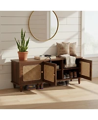 Yigii Shoe Bench Lift Top Storage 2-Tier Rattan Doors 55" Large Cabinet Seat Hallway Living Room