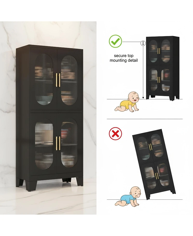 Yigii Tall Metal Corner Cabinet 4 Glass Doors Open Bar Shelf Farmhouse Storage for Kitchen Bathroom Living Room