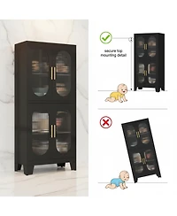 Yigii Tall Metal Corner Cabinet 4 Glass Doors Open Bar Shelf Farmhouse Storage for Kitchen Bathroom Living Room